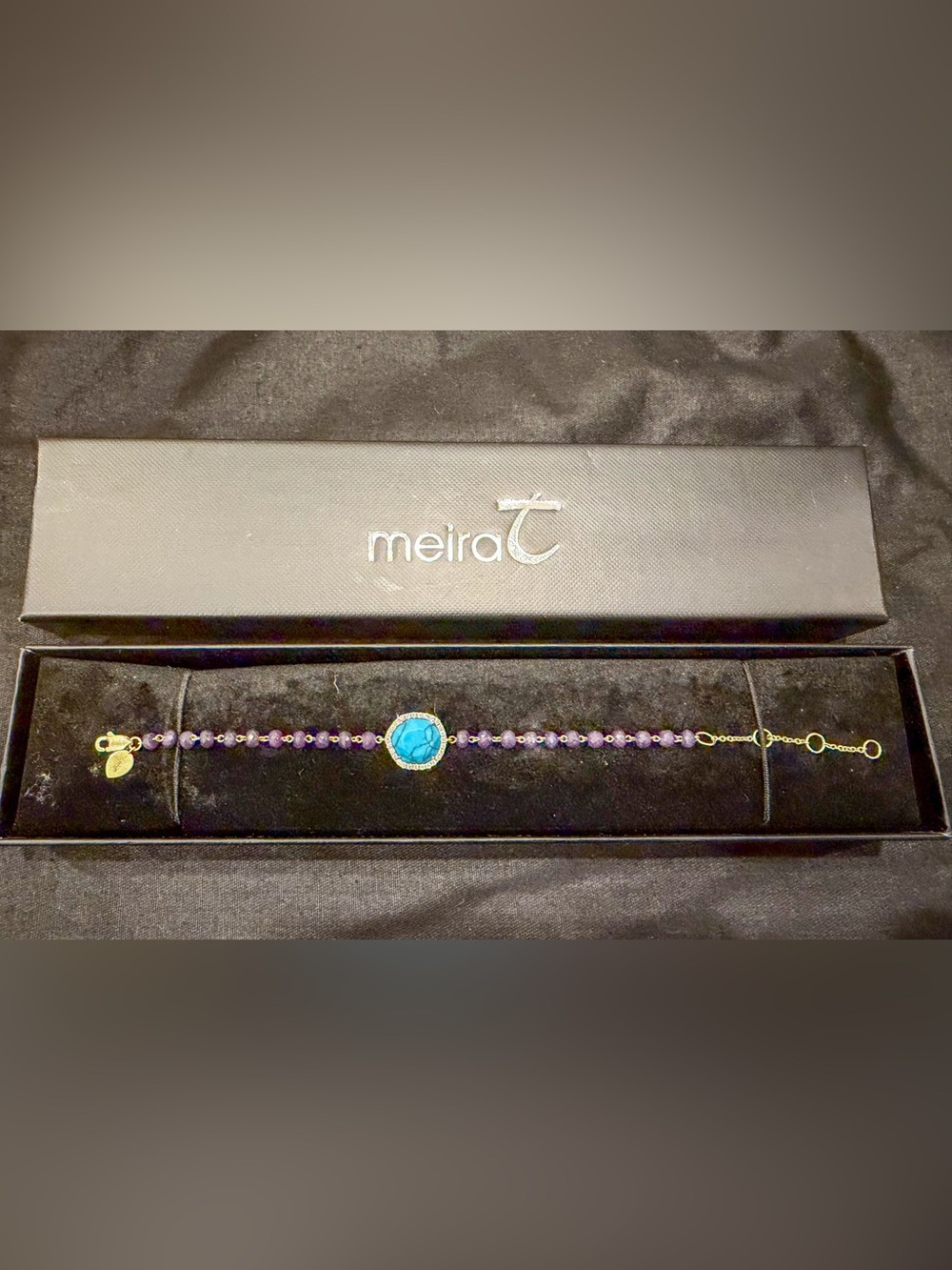 MEIRA T GENUINE DIAMOND TURQUOISE LAPIS BEADED BRACELET IN RARE 18K YELLOW GOLD